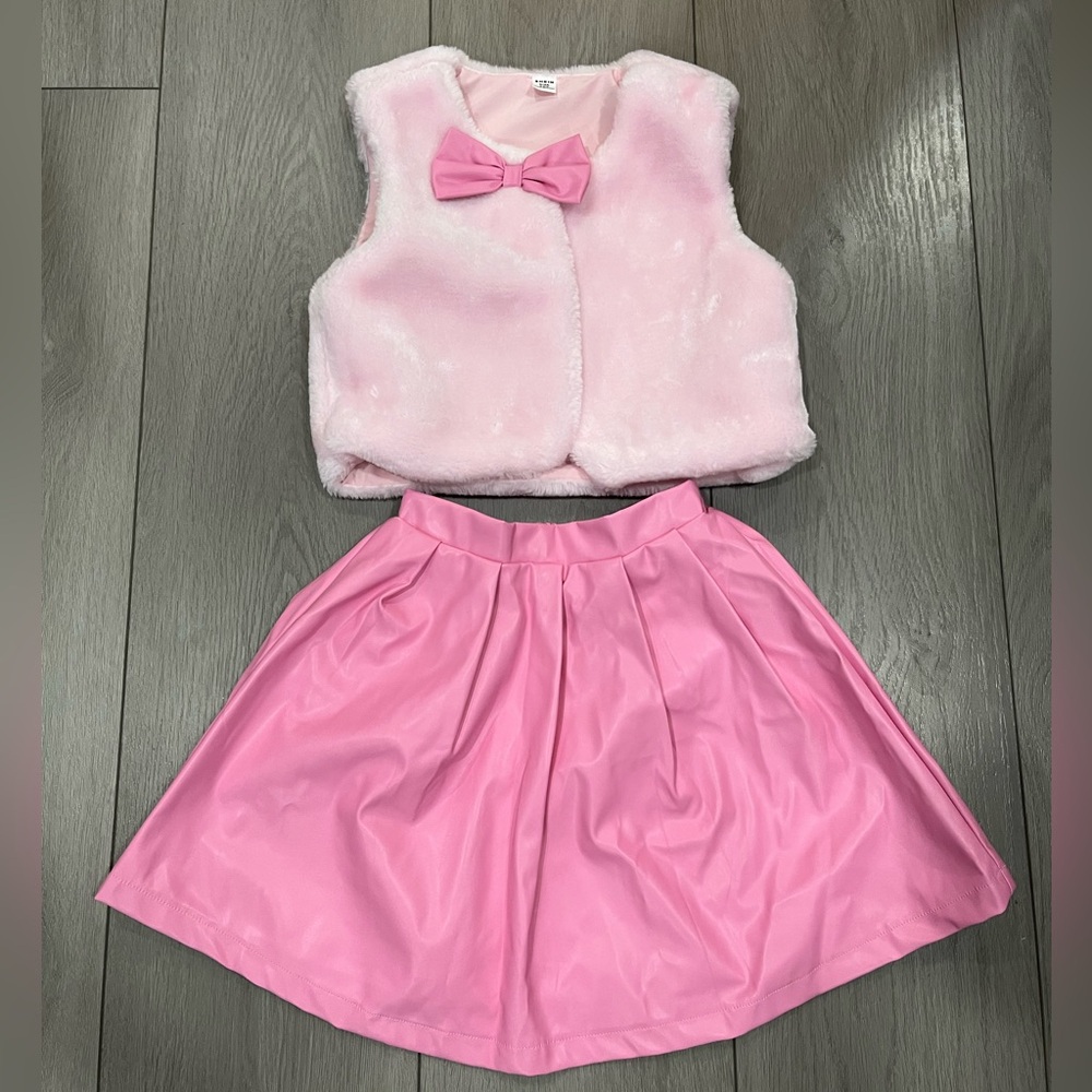 Pink Faux Fur Vest with Pink Skirt Girl 3pcs Set